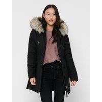 Hooded Mid-Length Parka with Faux Fur Trim
