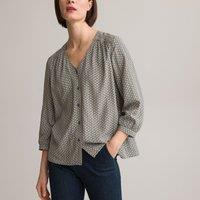 Graphic Print Blouse with V-Neck and 3/4 Length Sleeves