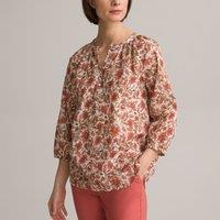 Floral Grandad Collar Blouse with 3/4 Length Sleeves