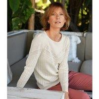 Linen/Cotton Pointelle Jumper with Puff Sleeves and Crew Neck