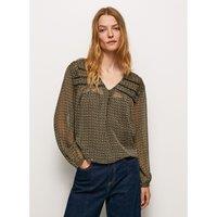 Graphic Print V-Neck Blouse with Long Sleeves