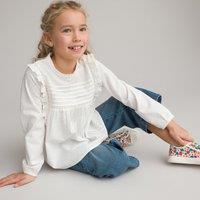 Cotton Seersucker Ruffled Blouse with Long Sleeves