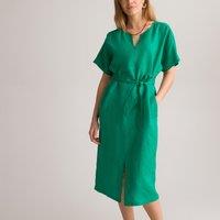 Linen Mid-Length Dress with Short Sleeves