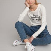 Slogan Print Cotton T-Shirt with Long Sleeves