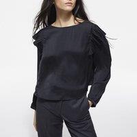 Pleated Ruffled Shoulder Blouse with Long Sleeves
