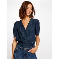 Wrapover Neck Blouse with Short Puff Sleeves