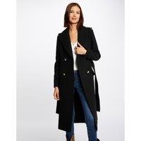 Straight Belted Buttoned Coat in Wool Mix