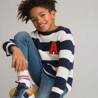 Striped Cotton Jumper in Chunky Knit with Crew Neck
