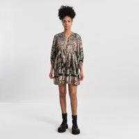 Printed Mini Dress with 3/4 Length Sleeves and Tie-Waist