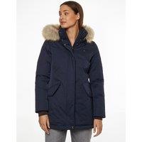 Mid-Length Padded Jacket in Cotton Mix with Hood and Faux Fur Trim