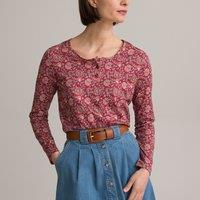 Floral Cotton Mix T-Shirt with Crew Neck and Long Sleeves