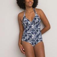 Tummy-Toning Halterneck Swimsuit in Leaf Print