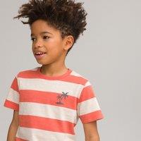 Striped Cotton T-Shirt with Palm Tree Chest Print and Crew Neck