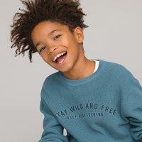 Embroidered Slogan Cotton Jumper in Fine Knit with Crew Neck