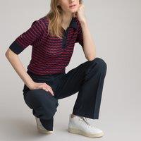 Striped Polo Jumper in Cotton Mix and Fine Knit