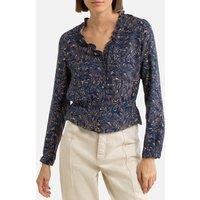 Graphic Print Blouse with Ruffled V-Neck and Long Sleeves