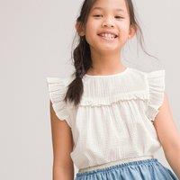 Cotton Mix Ruffle Blouse in Waffle Knit with Short Sleeves