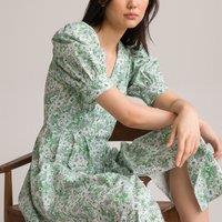 Floral Cotton Midaxi Dress with Puff Sleeves and V-Neck