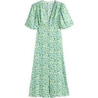 Recycled Floral Midaxi Dress with Short Puff Sleeves and V-Neck