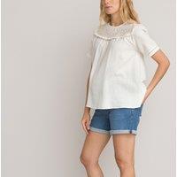 Cotton Maternity Blouse with Embroidered Ruffled Bib Front