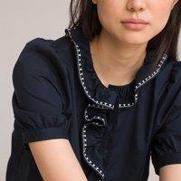 Cotton Poplin Shirt with Ruffled Peter Pan Collar and Elbow-Length Sleeves