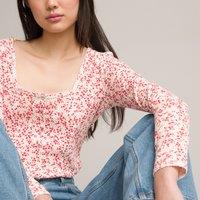 Buttoned Square Neck T-Shirt in Cotton Mix with Long Sleeves