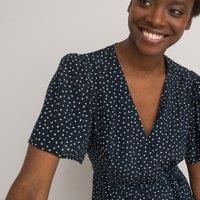 Polka Dot Wrapover Dress with Short Puff Sleeves