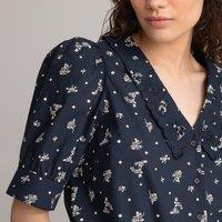 Floral Print Cotton Blouse with Embroidered Collar
