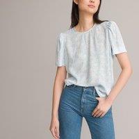 Floral Crew Neck Blouse with Short Butterfly Sleeves