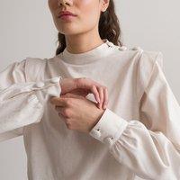 Cotton/Linen Blouse with High Neck and Long Sleeves