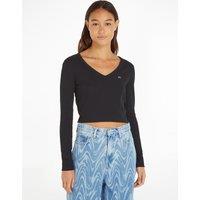Cotton Crop Top with V-Neck and Long Sleeves