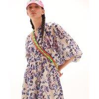 Floral Cotton Midi Dress with Crew Neck and 3/4 Length Balloon Sleeves