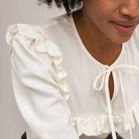 Ruffled Bib Front Shirt with Tie-Neck and Long Sleeves