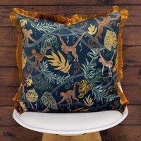 Monkey Forest Blue Fringed Filled Cushion 50x50cm