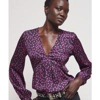 Graphic Print Blouse with V-Neck and Long Sleeves
