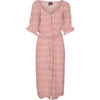 Printed Tie-Waist Dress with V-Neck and Short Sleeves