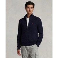 Cotton Cable Knit Cardigan with Zip Fastening and Embroidered Logo