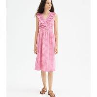 Gingham Print Midi Dress with Ruffled Neckline