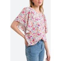 Floral Angel Sleeve Blouse with Crew Neck