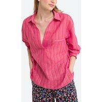 Striped Cotton Blouse with Grandad Collar and Long Sleeves