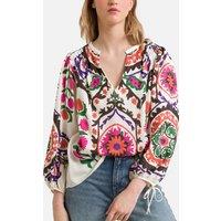 Graphic Print Blouse with V-Neck and Long Sleeves