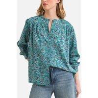 Xala Floral Cotton Blouse with Crew Neck and Long Sleeves