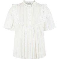 Striped Cotton Blouse with Ruffled Shoulders and Buttoned Crew Neck