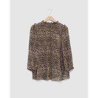 Ruffled Arabesque Print Blouse with Crew Neck and Long Sleeves