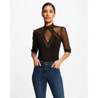 High Neck Bodysuit with 3/4 Length Lace Sleeves
