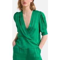 Lima Satin Jacquard Blouse with Puff Sleeves and V-Neck