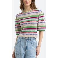 Striped Cotton Openwork Jumper with Puff Sleeves and Crew Neck