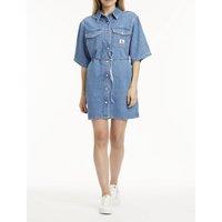Denim Mini Shirt Dress with Short Sleeves and Press-Stud Fastening