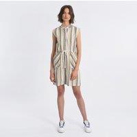 Striped Mini Dress with Mandarin Collar and Tie-Waist
