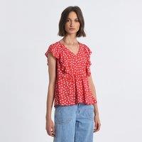 Heart Print Blouse with Short Ruffled Sleeves